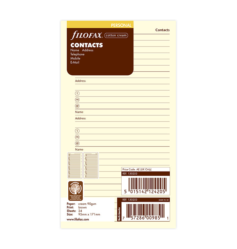 Filofax Pocket Kontakte Adressbuch – Cotton Cream, Englisch, 20 Blatt Für Deinen Filofax Organizer