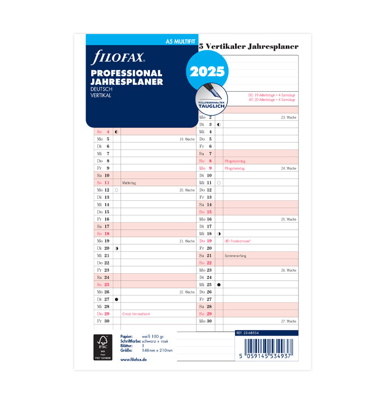 Jahresplaner Leporello deutsch Professional MultifitLochung 2025 Filofax