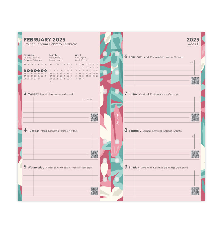 Filofax Calendar Diary Refill, A5 Size, Week-to-View, Illustrated Floral Diary Pack With Four-Color Print Design, Multilingual: Five Languages, 2025 (C6351-25