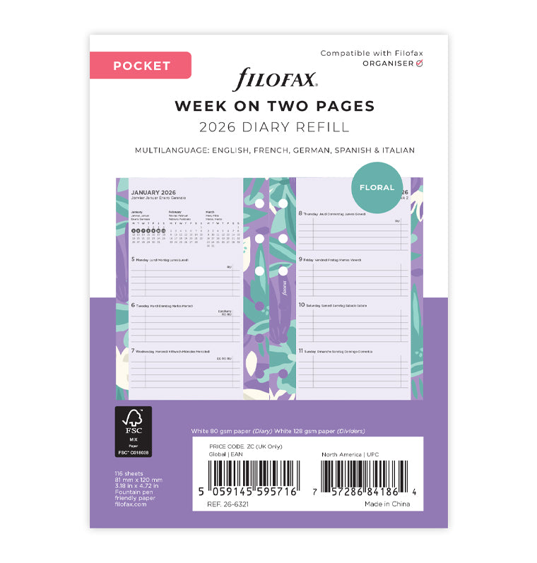 Filofax 1 Woche / 2 Seiten Illustrated Diary Pack Pocket 2026 26-6321