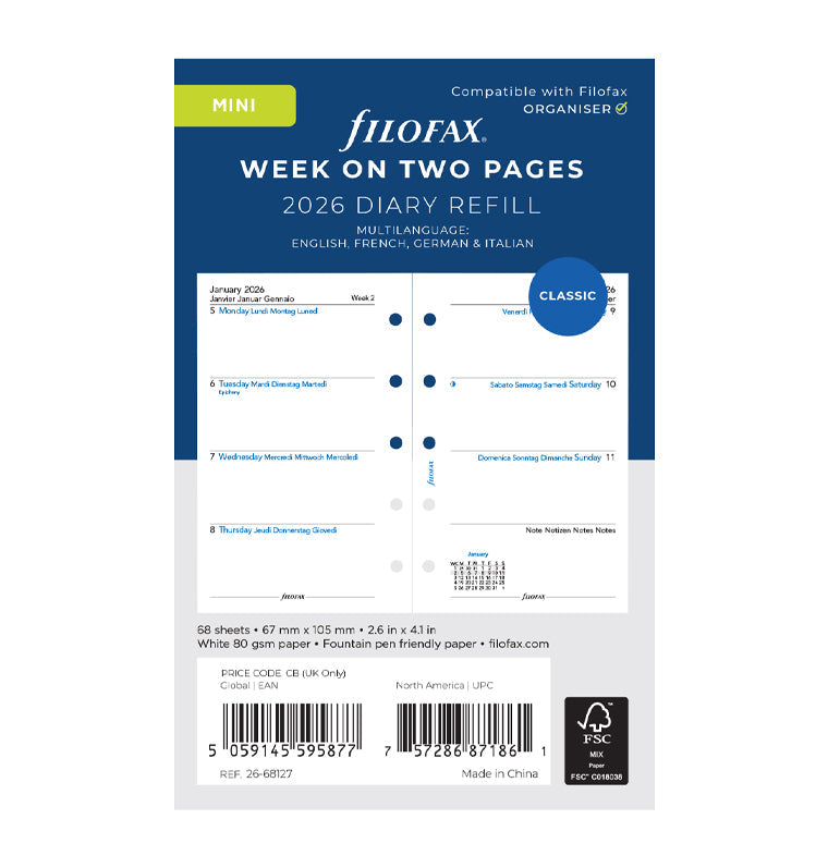Filofax 1 Woche / 2 Seiten multilingual Mini 2026 26-68127