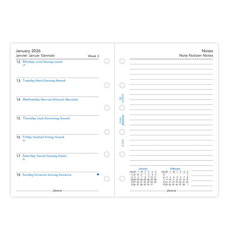 Filofax 1 Woche / 1 Seite + 1 Seite Notizen, multilingual Pocket 2026 26-68209