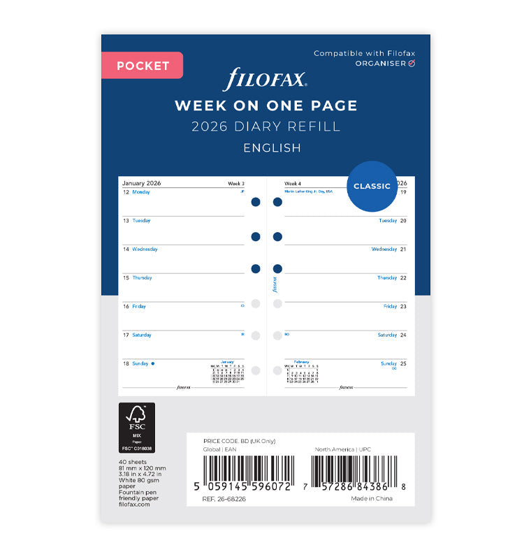Filofax 1 Woche / 1 Seite englisch Pocket 2026 26-68226