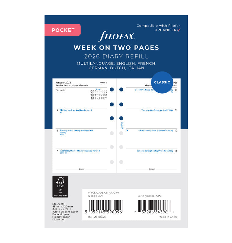 Filofax 1 Woche / 2 Seiten multilingual Pocket 2026 26-68227