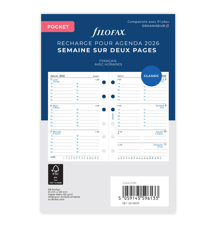 Recharge Filofax pour Agenda 2026 - Une Semaine sur Deux Pages Pocket - Français 26-68231