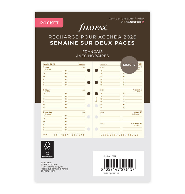Recharge Agenda FILOFAX Format A4 - 1 Semaine Sur 2 Pages, Vue Verticale, Pour L'année 2026