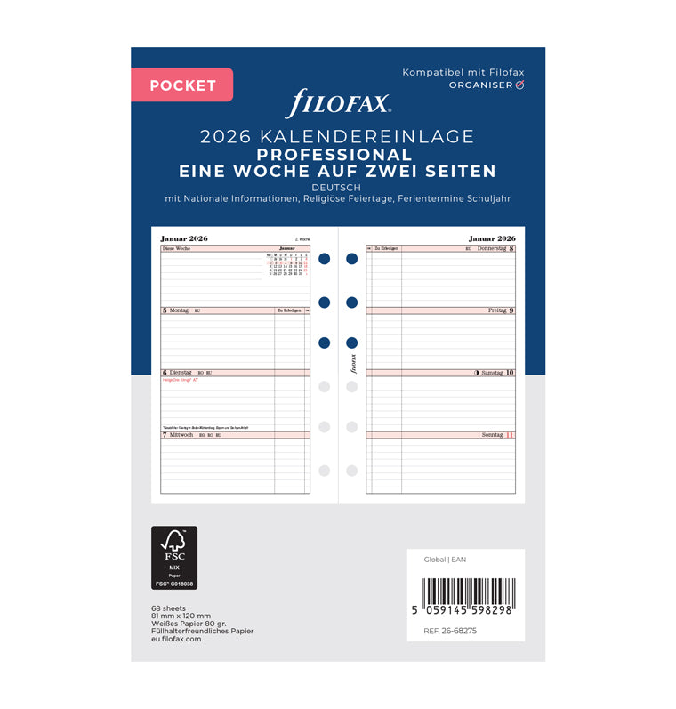 Recharge Agenda FILOFAX Format A4 - 1 Semaine Sur 2 Pages, Vue Verticale - Année 2026 - 210x297 Mm - 2