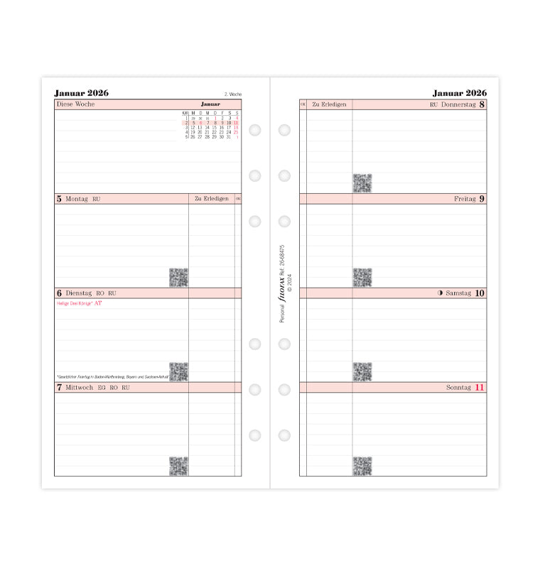 FILOFAX Recambio De Calendario Semanal En Alemán Personal 2026