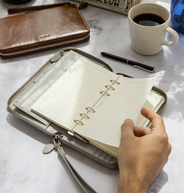 Filofax Saffiano Zipper Organiser, Personal Compact Size, Aquamarine - Crossover Grain Leather Look Six Rings Week To View Calendar 2022 (C022536-22