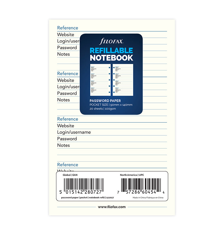 Filofax Notebook Pocket Passwörter Einlage