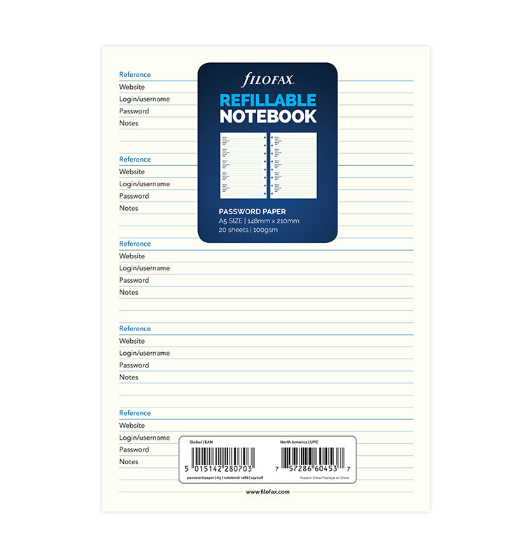 Filofax Notebook A5 Passwörter Einlage