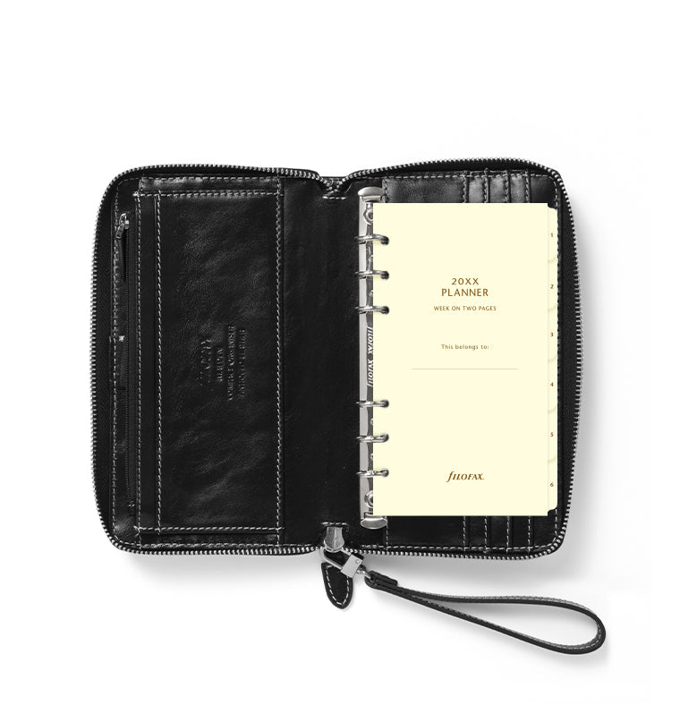 Filofax Malden Personal Compact Zip Leather Organiser in Black - with Diary Refill inside