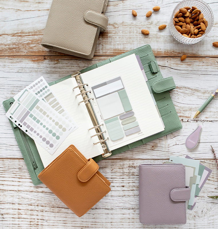Norfolk Personal Leather Organiser in Sage Green with accessories