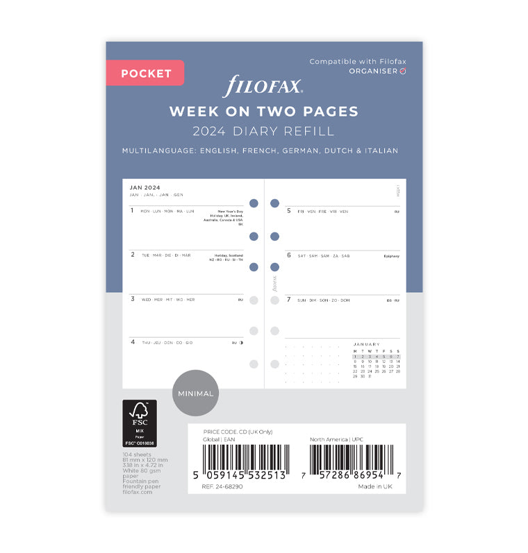 Minimal Kalender 1 Woche / 2 Seiten Pocket 2024