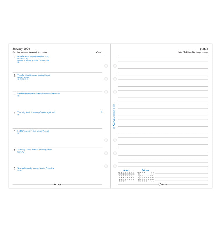 Stock Bureau - FILOFAX Recharge Format Personal Semaine sur Deux pages +  page de notes - français- 2024